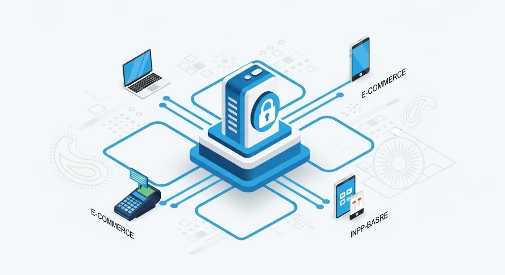 Technology image — payment gateway architecture connecting ecommerce web, POS terminal and mobile to a secure payment hub