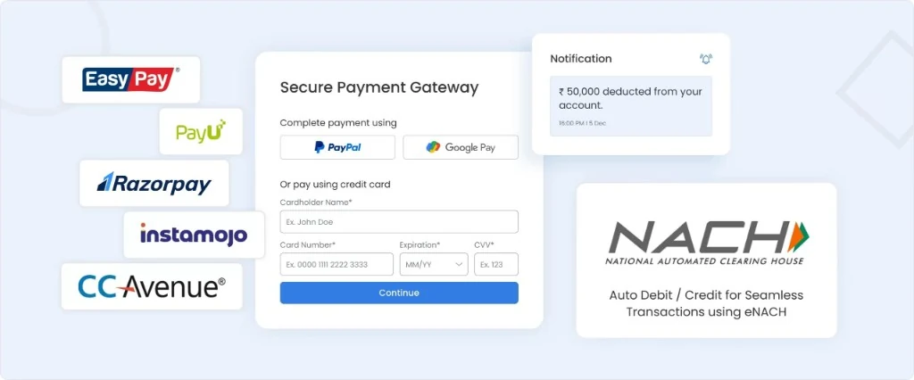 Secure payment gateway checkout with PayPal, Google Pay, credit card fields, Razorpay and PayU options plus eNACH auto-debit