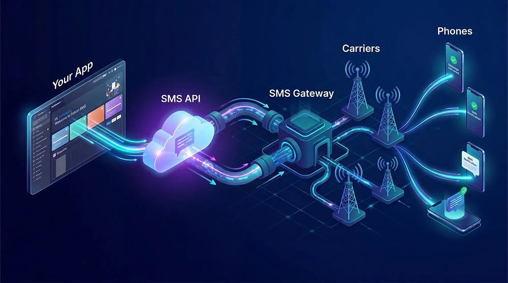 Technology image — SMS API architecture showing your app connecting through SMS API and SMS gateway to carriers and phones