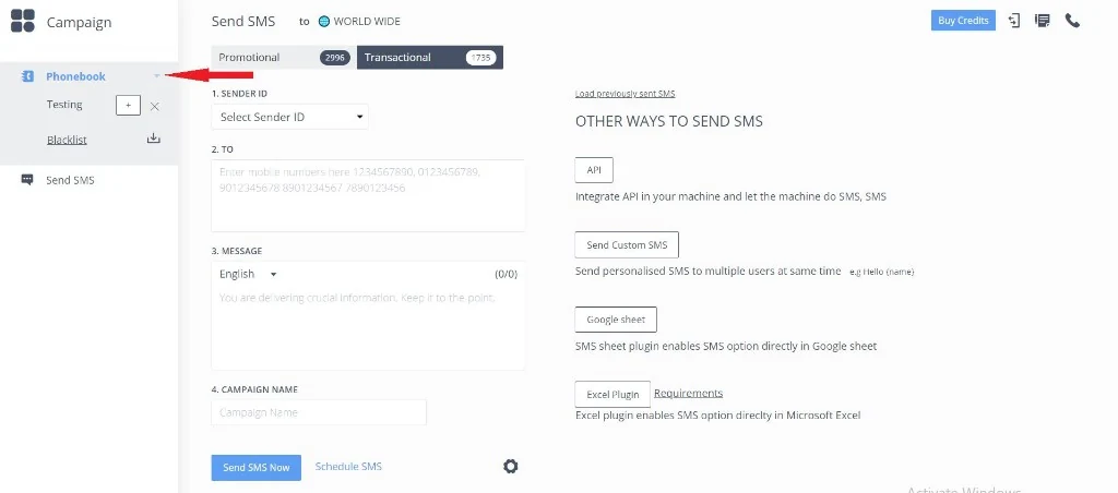 SMS campaign dashboard for sending promotional and transactional SMS with sender ID, recipients and message fields
