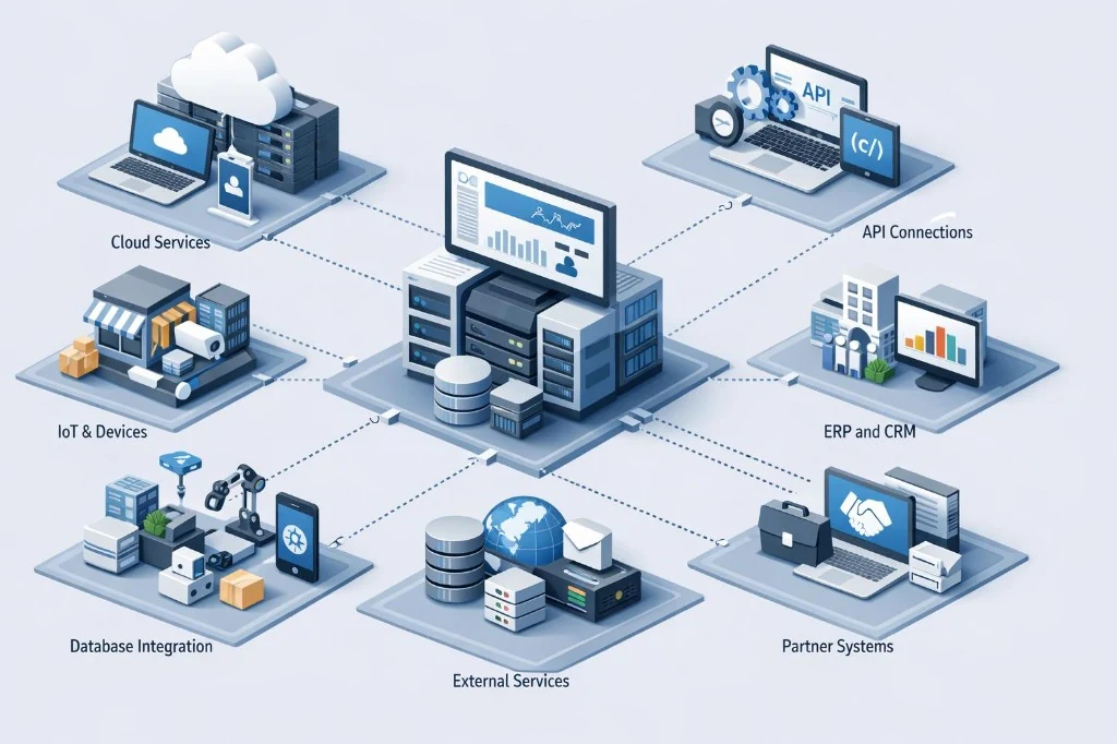 Technology image — enterprise API architecture connecting cloud, CRM, ERP, partner systems, databases and IoT devices