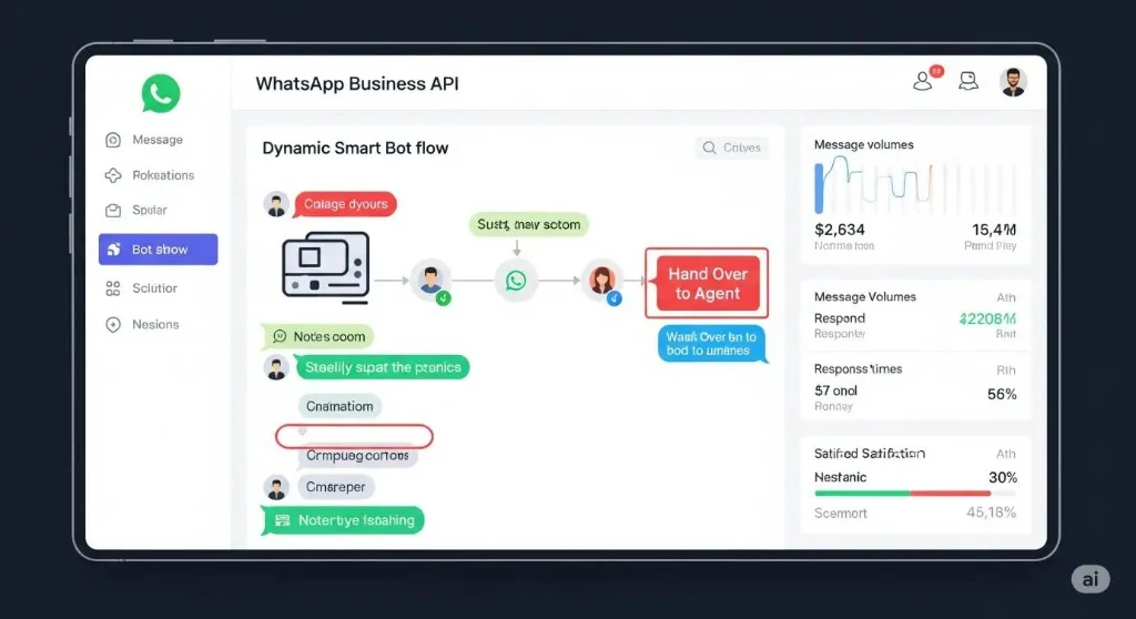 WhatsApp Business API dashboard showing dynamic smart bot flow, agent handover and message analytics