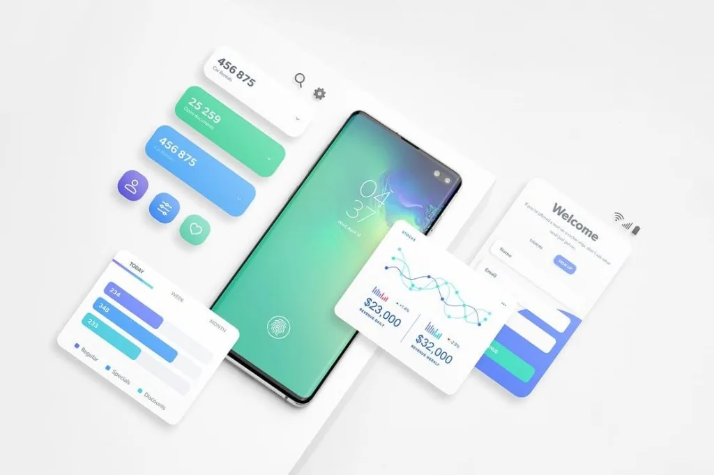 Feature image — Android phone UI with analytics cards, revenue charts and sign-in screens for custom app design