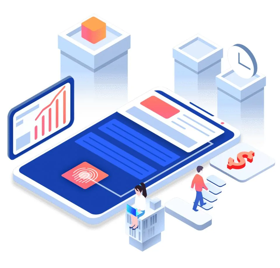 Technology image — isometric Android app with biometric security, analytics growth and development team collaboration