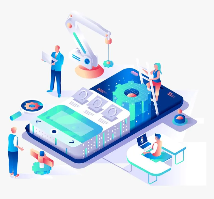 Android app development process illustration — team and robotics building a mobile application interface