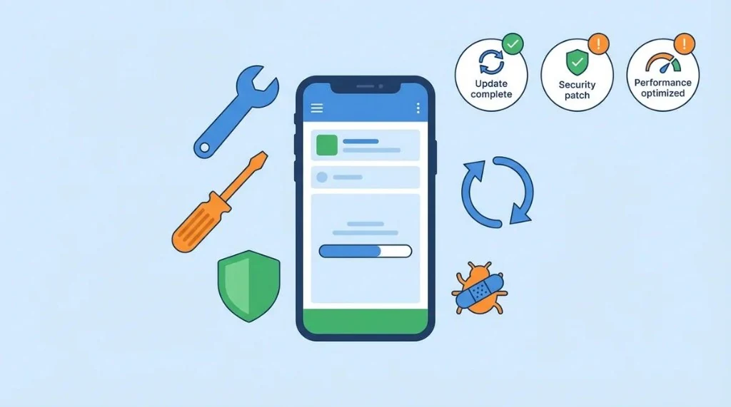 Feature image — smartphone with maintenance tools, security shield, sync updates and bug-fix badges for App Support Services