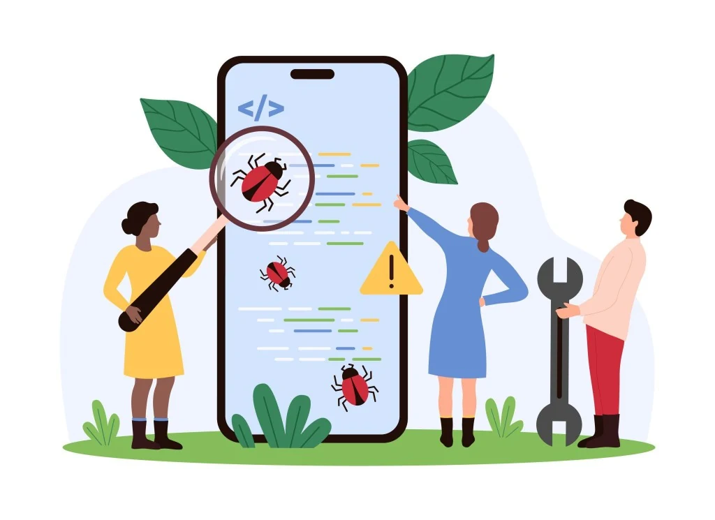 App maintenance process illustration — team debugging bugs on a smartphone with code, magnifying glass and repair tools