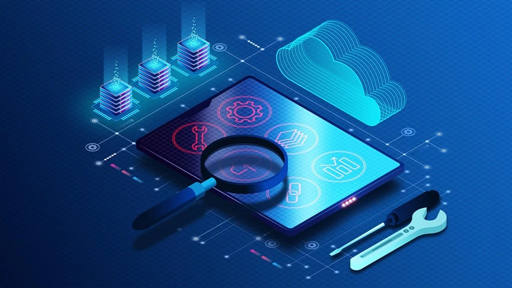 Technology image — isometric Mobile Application Maintenance dashboard with servers, cloud, magnifying glass audit and repair tools