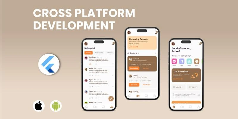 Flutter cross platform development process — wellness app UI mockups on three phones with iOS and Android badges