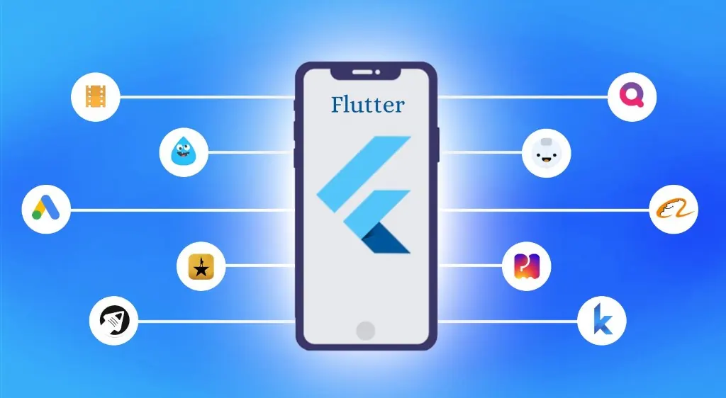 Technology image — Flutter smartphone hub connected to integrations for ads, media, AI and commerce platforms