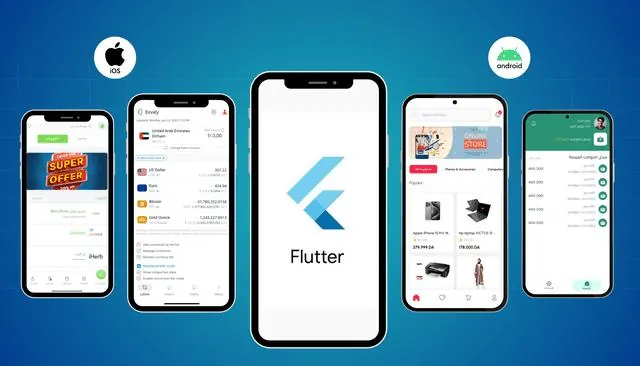 Feature image — Cross Platform App Development with Flutter logo between iOS and Android phone mockups for ecommerce and finance apps
