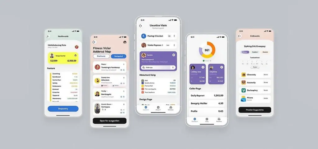 Feature image — five iPhone UI mockups showing dashboard, analytics, social feed and menu screens for custom iOS app design