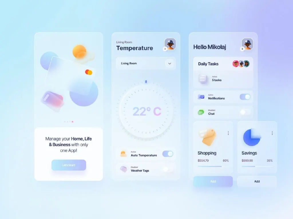 Technology image — premium iOS app UI with glassmorphism onboarding, smart home controls and personal dashboard screens