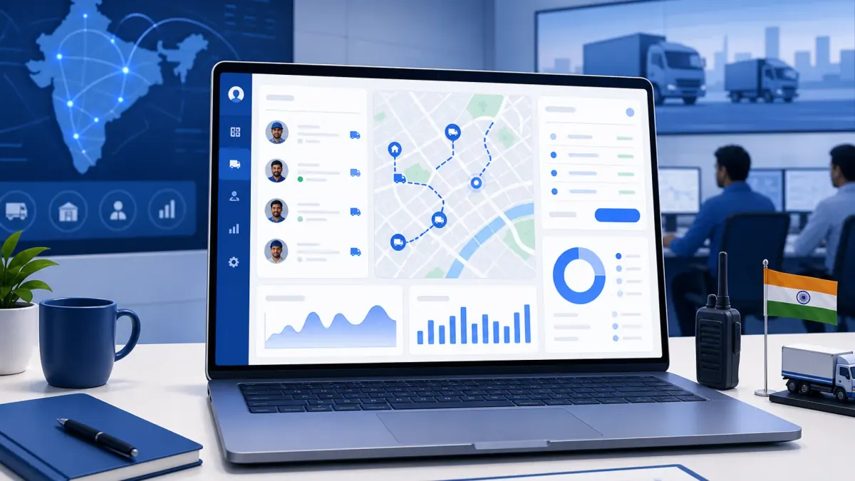 Fleet operations dashboard with dispatcher assigning drivers on laptop with map and booking analytics