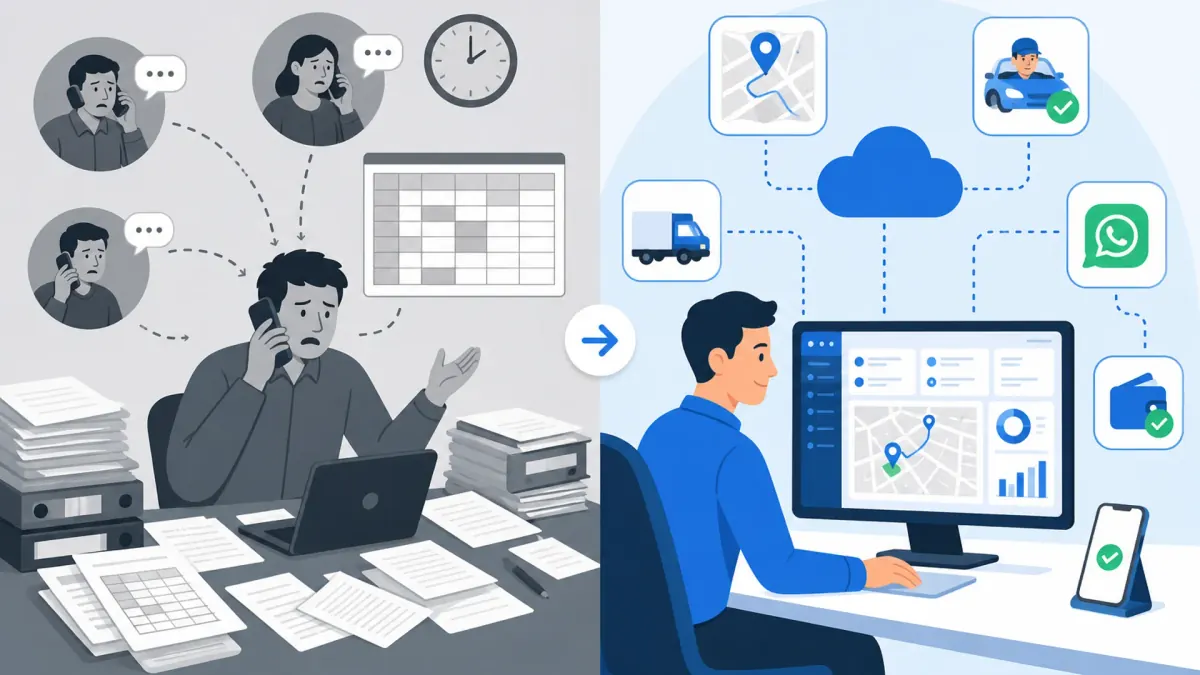 Split screen comparison of traditional phone Excel methods versus modern driver management software