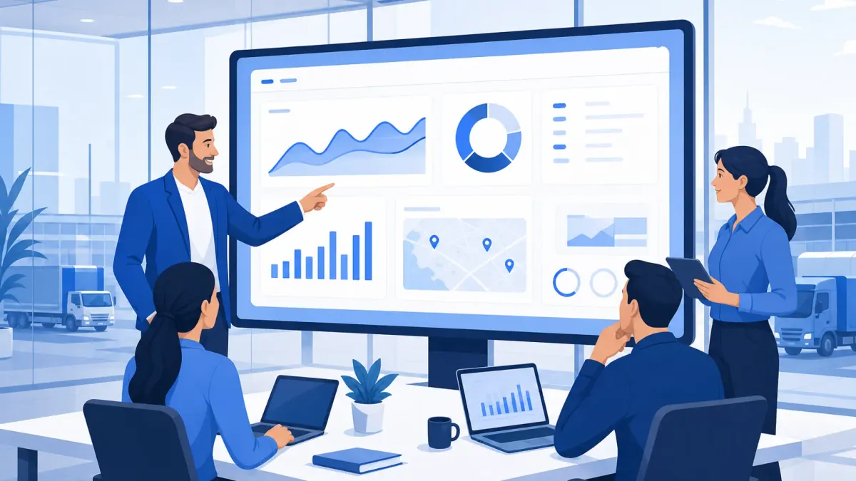 Business owner reviewing analytics dashboard with logistics team