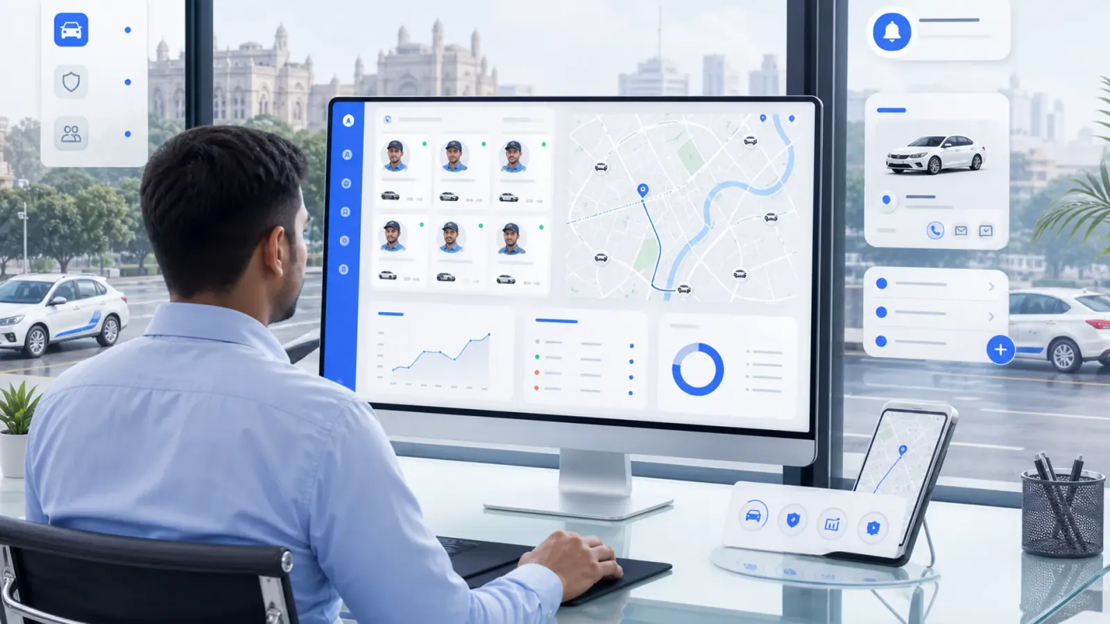 Driver management software dashboard with live GPS map, driver cards and dispatch panel