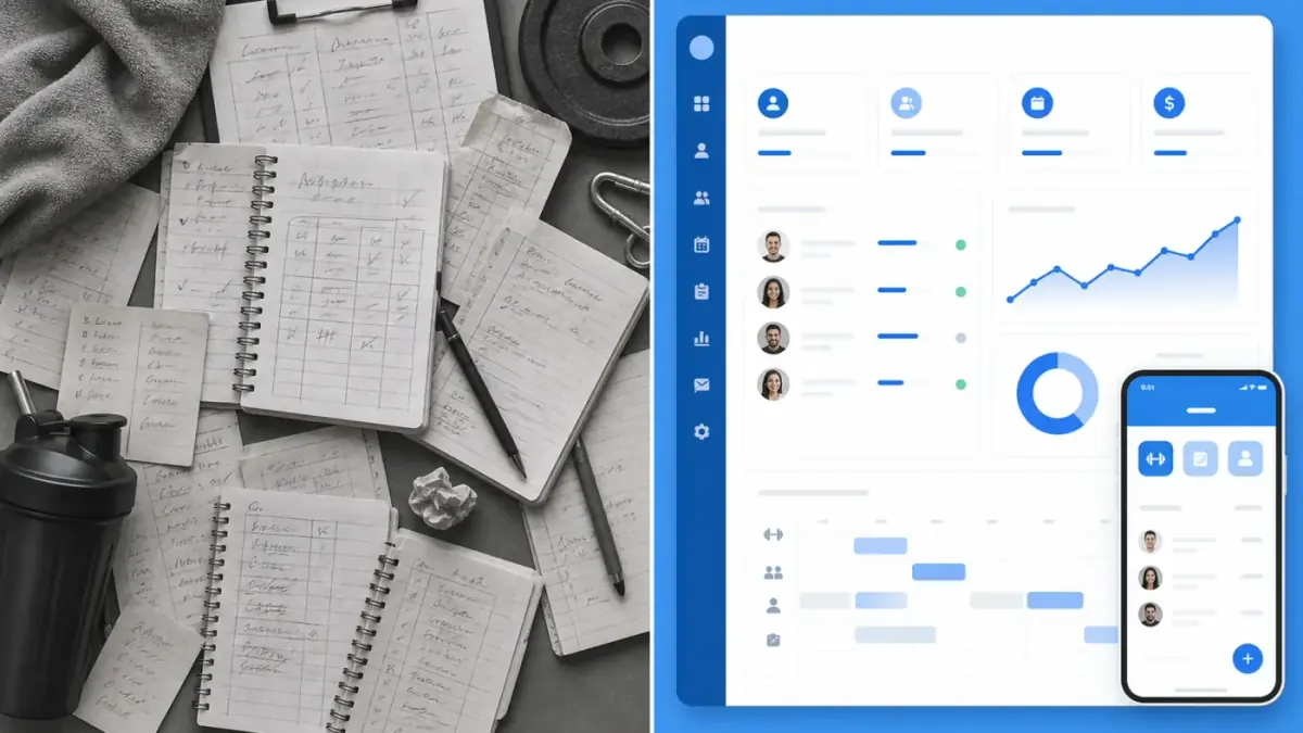 Split screen comparison of paper gym registers versus modern gym management software dashboard