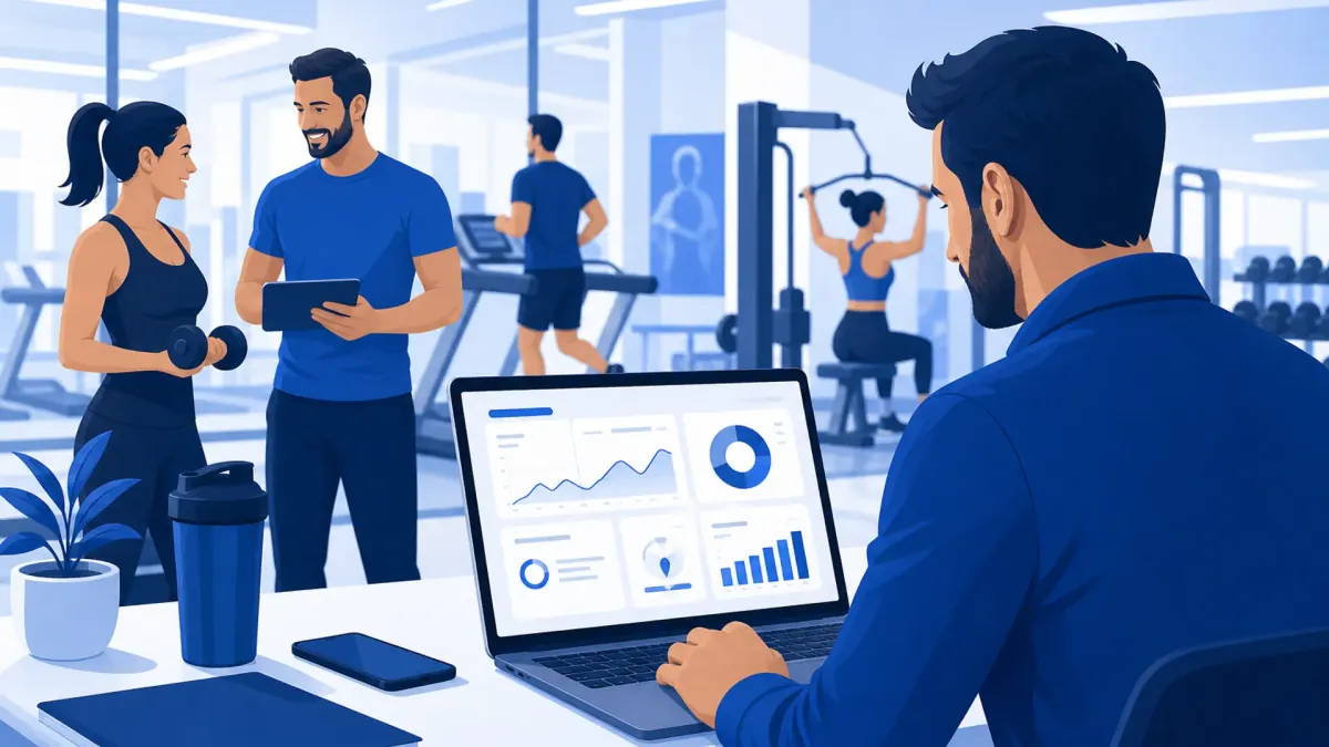 Gym owner reviewing business analytics on a laptop with trainers and members in the background