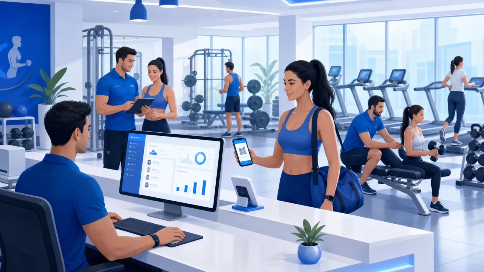 Modern gym reception manager using gym management software with members checking in via QR code