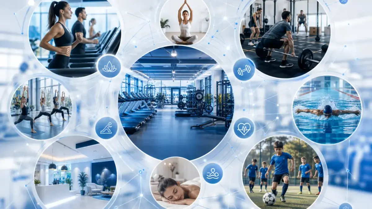 Collage of gyms fitness centers yoga studios and wellness businesses using gym software