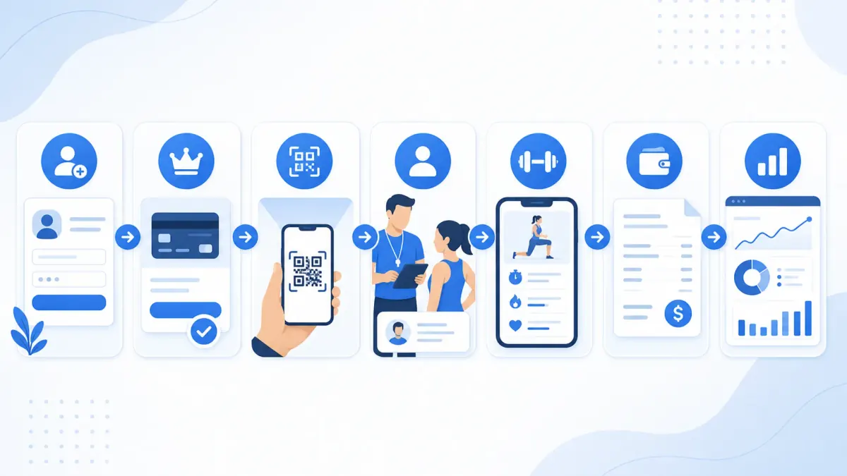 Illustrated workflow of gym member registration to analytics