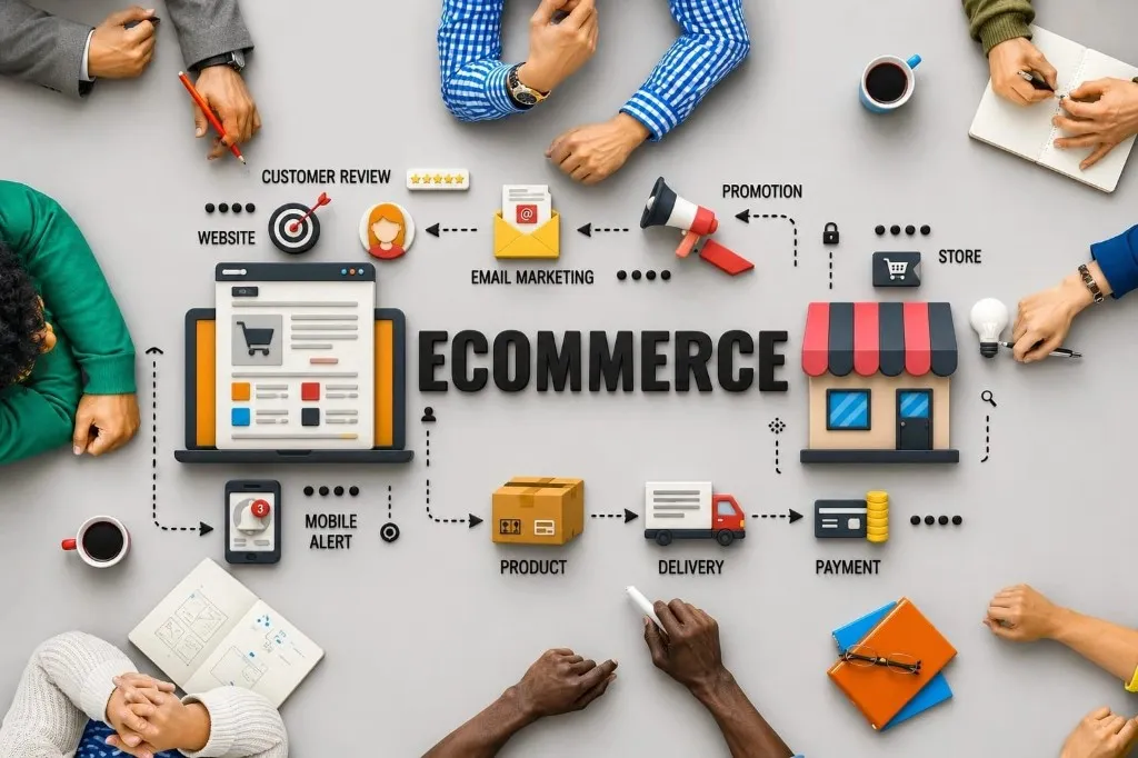E-Commerce Website Development ecosystem — online store, payments, shipping, reviews and marketing in one view