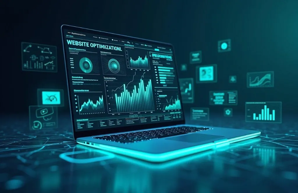 Website Performance Optimization analytics — dashboard charts for speed, security and monitoring on a laptop