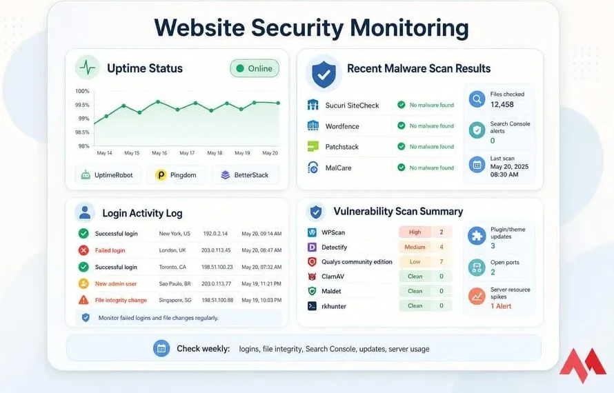 Website Security Monitoring dashboard — uptime status, malware scans, login activity and vulnerability summary