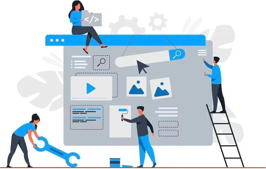 Website Maintenance Services illustration — team updating code, design and navigation on a live website