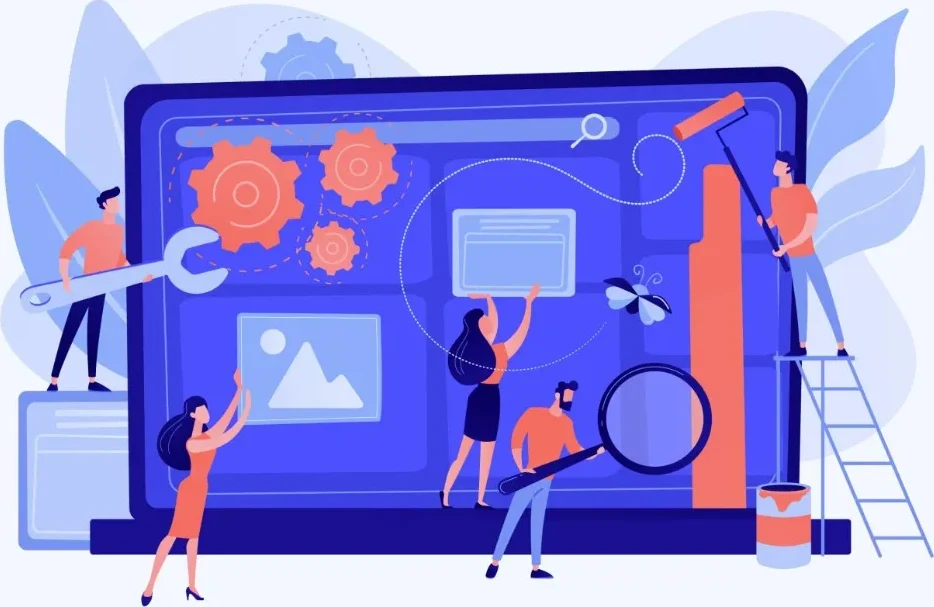 Website maintenance process — team performing technical repairs, content updates, bug fixes and design polishing