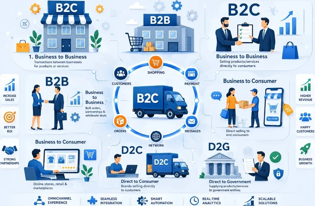 Business models and digital commerce illustration — B2B, B2C and D2C website use cases for corporate and retail brands