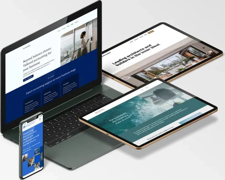 Responsive Website Development showcase — business websites displayed on laptop, tablets and smartphone